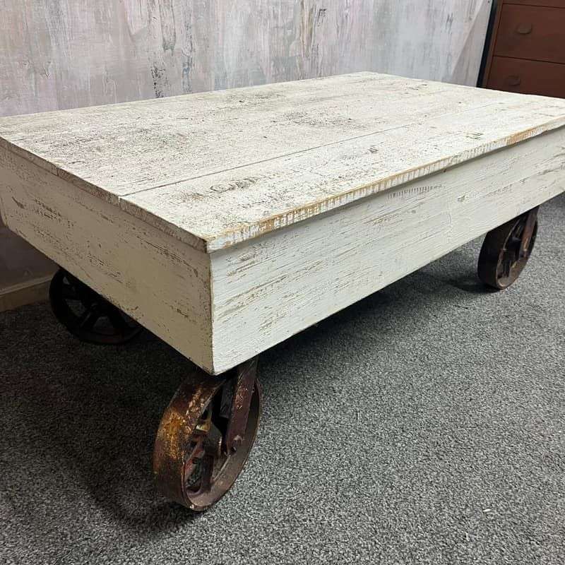 Vintage French Style Wooden Coffee Table Metal Industrial Wheels Painted White