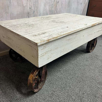 Vintage French Style Wooden Coffee Table Metal Industrial Wheels Painted White