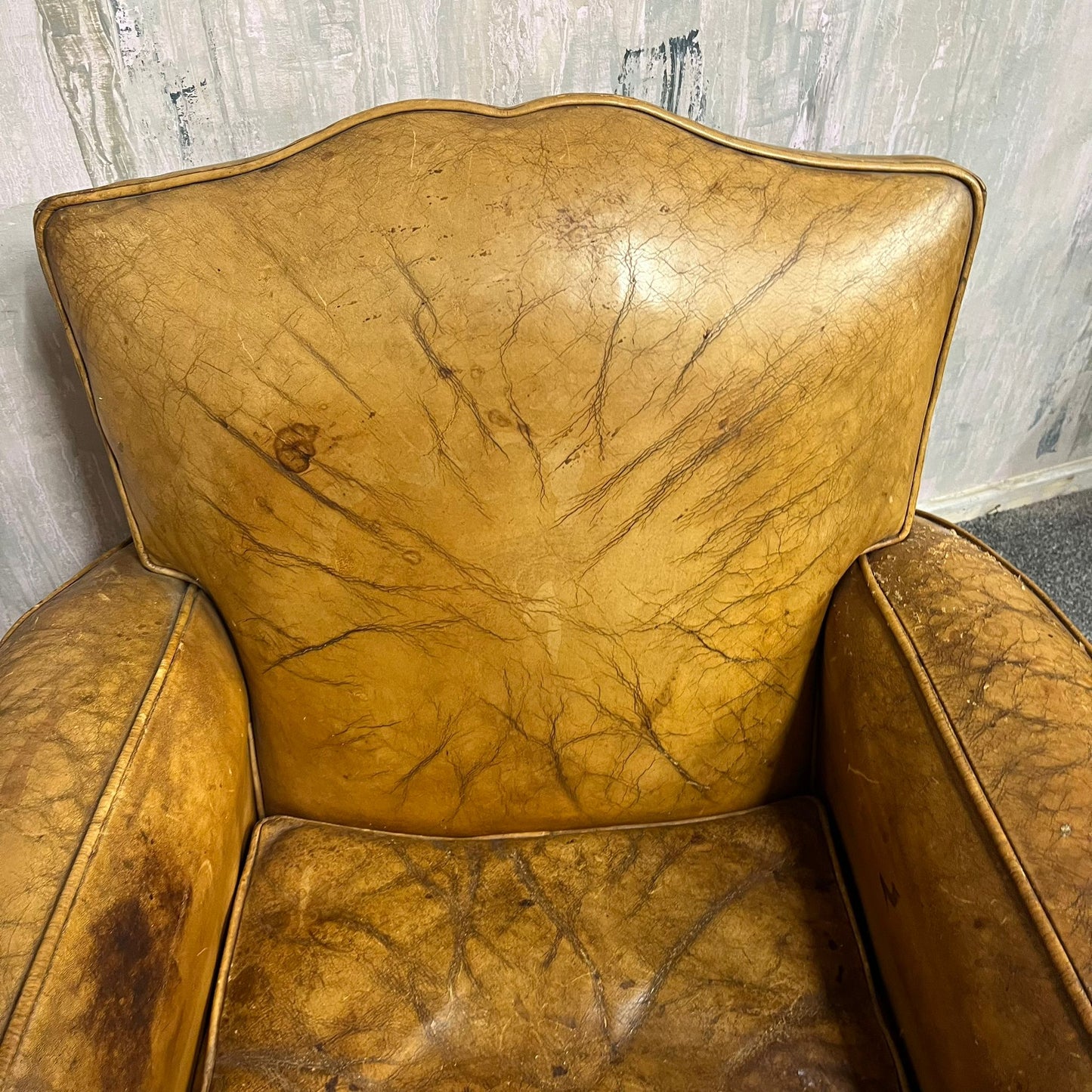 Vintage Rustic Tan Leather Low Armchair Great Patina Studded Back