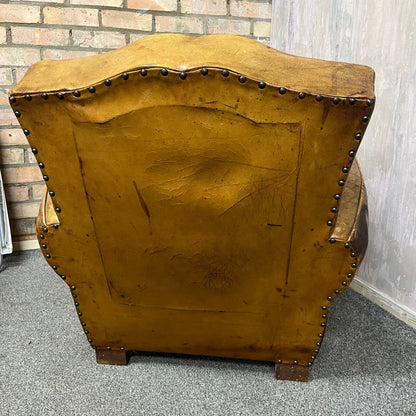 Vintage Rustic Tan Leather Low Armchair Great Patina Studded Back
