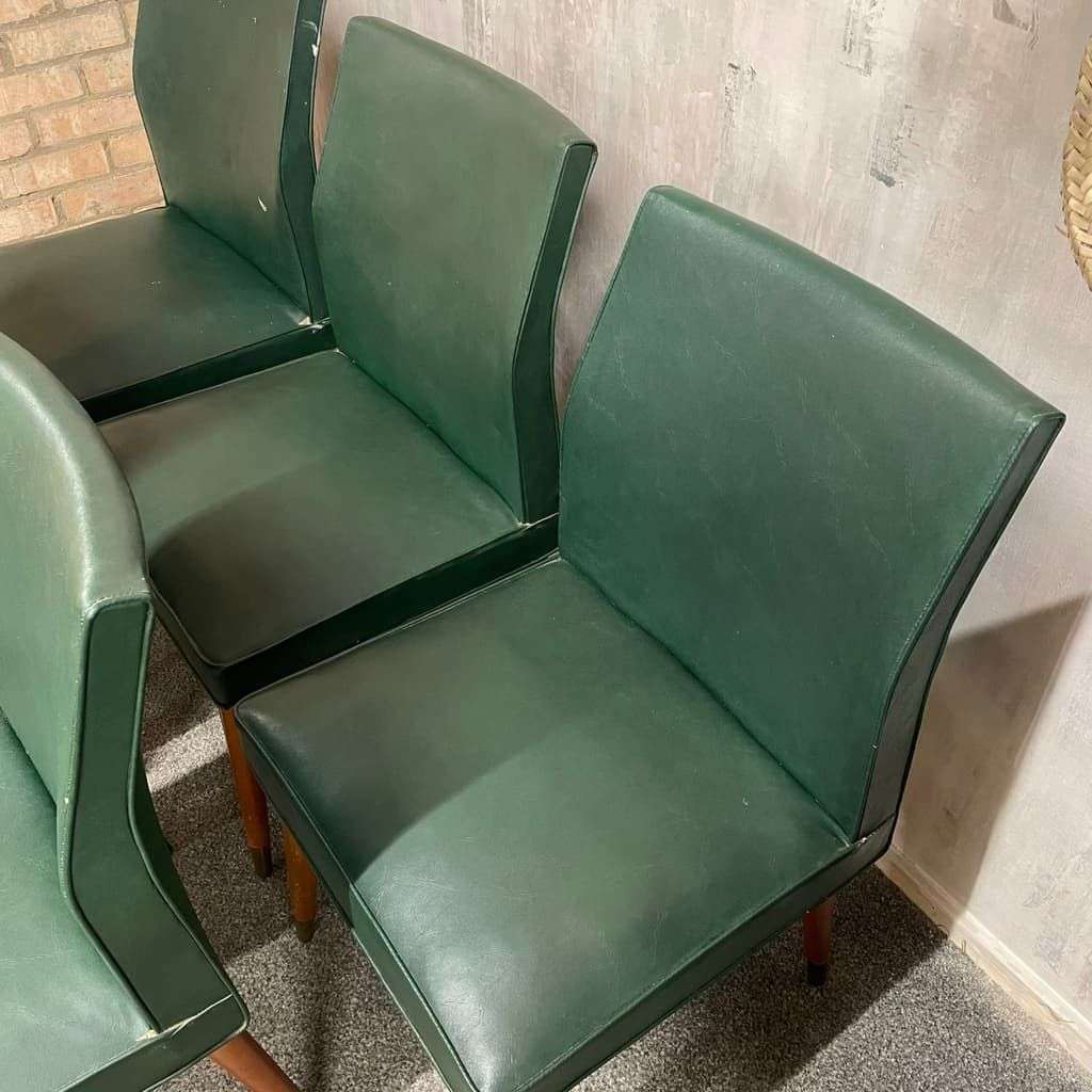 5x Vintage Retro Dining Chairs Faux Leather Tapered Teak Legs Brass Caps