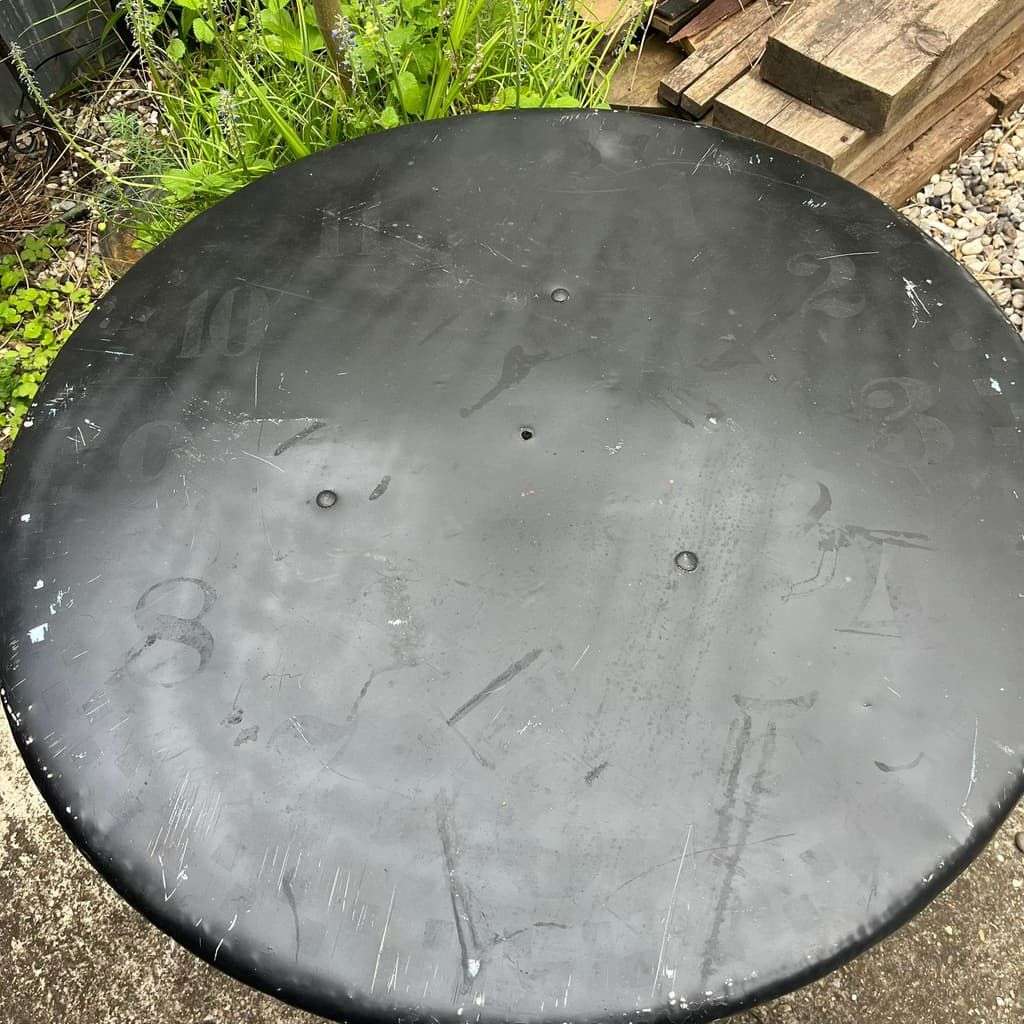 Black Metal Circular Garden Table Faded Clock Face Tripod Legs Ornate Shelf