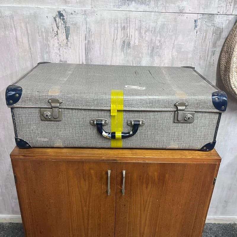 Vintage Suitcase Blue Leather Corners Prop Retail Display