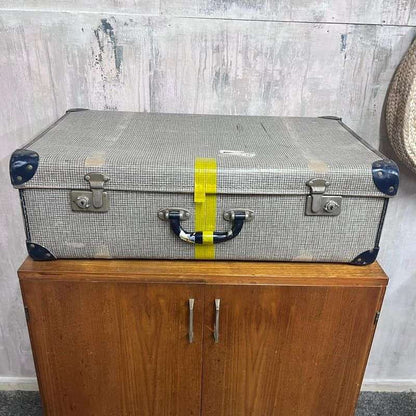 Vintage Suitcase Blue Leather Corners Prop Retail Display