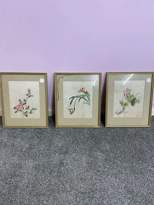Set of Three Framed Silk Floral Tapestries
