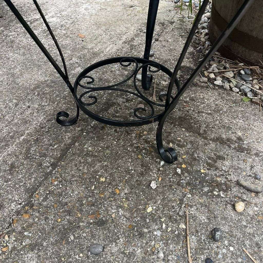 Black Metal Circular Garden Table Faded Clock Face Tripod Legs Ornate Shelf