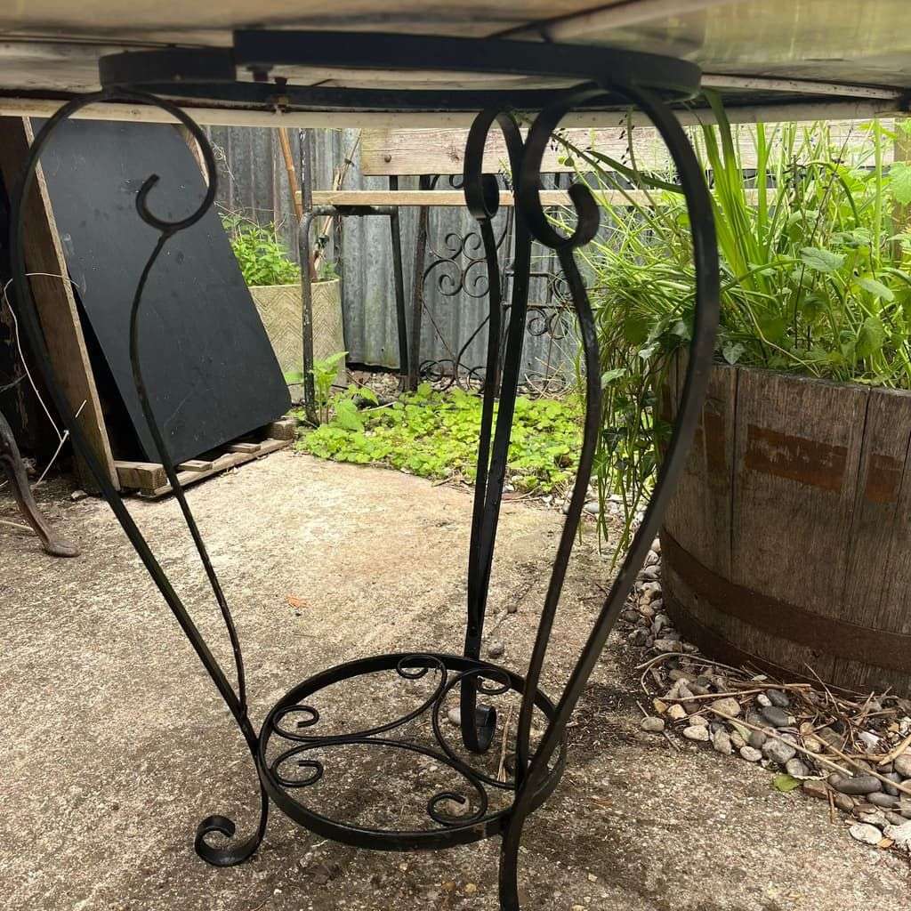 Black Metal Circular Garden Table Faded Clock Face Tripod Legs Ornate Shelf