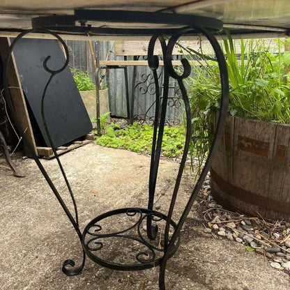 Black Metal Circular Garden Table Faded Clock Face Tripod Legs Ornate Shelf