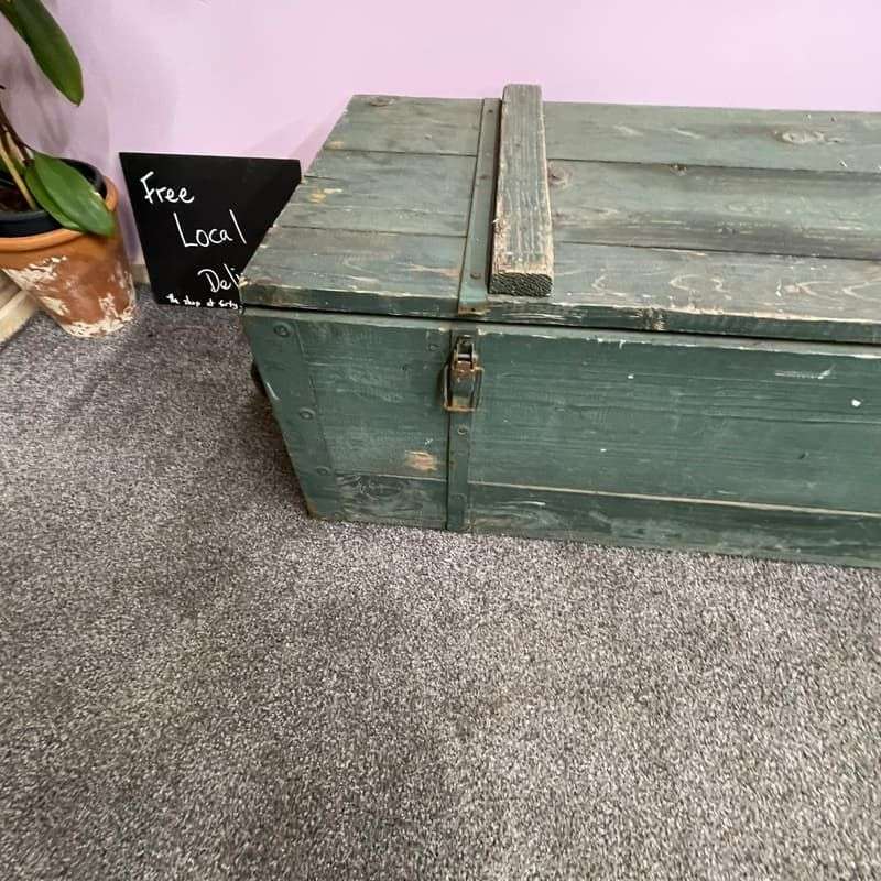 Vintage Large Wooden Trunk Toolbox Hinged Lid with Catches Coffee Side Table