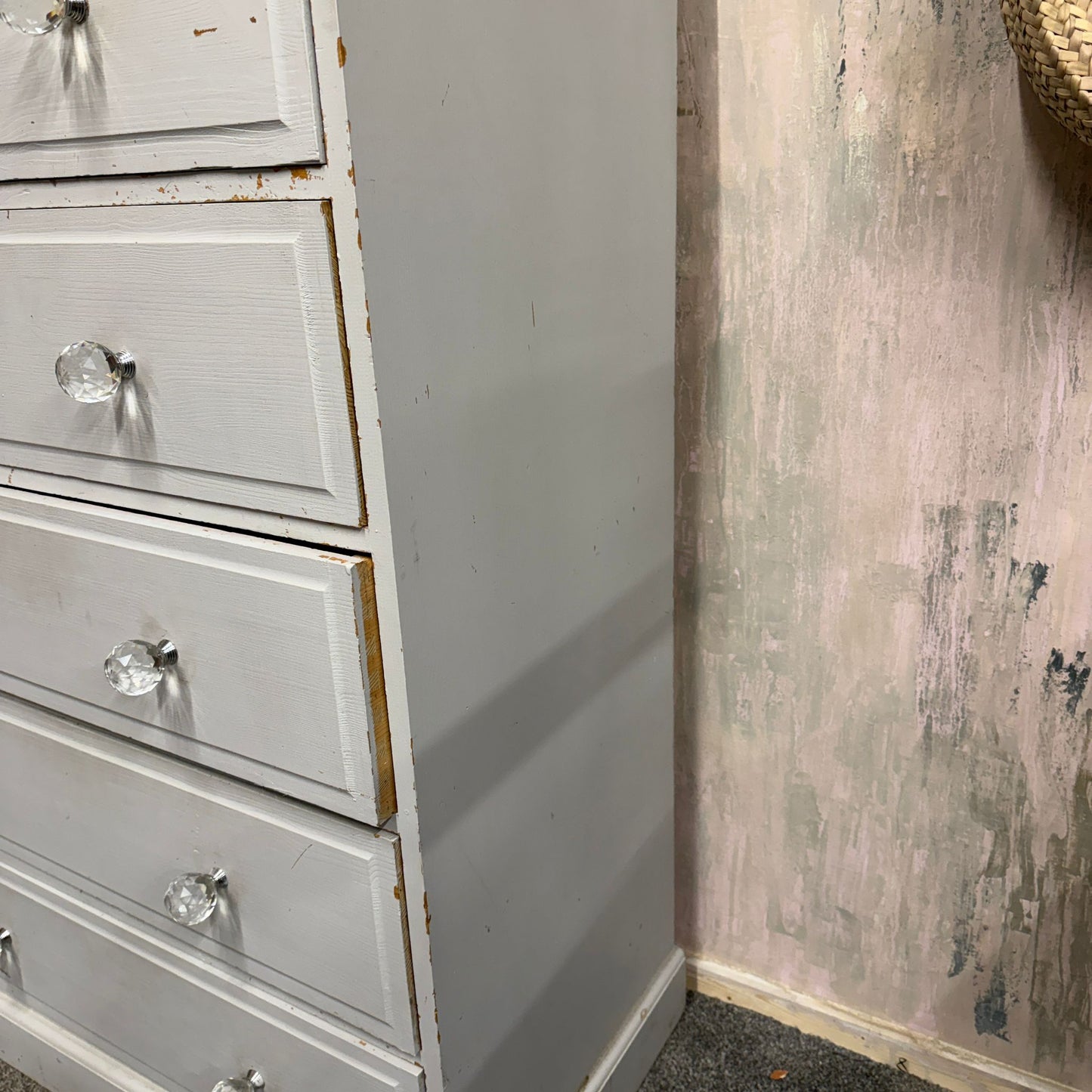 Painted Solid Pine Chest of 2 Over 4 Drawers Distressed Paintwork Crystal Knobs