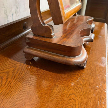 Vintage Dark Wood Swing Mirror Ornate Carving Scrolled Arms Knob Adjusters