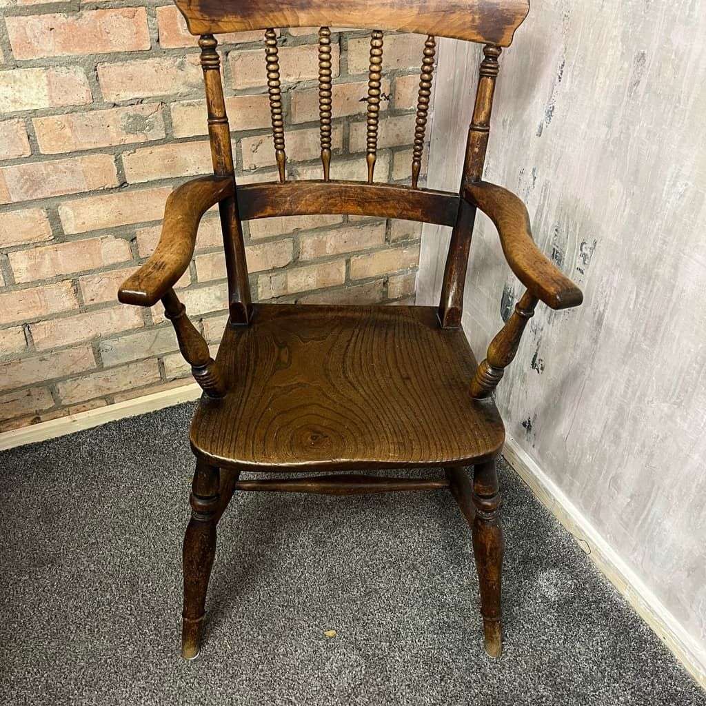 Antique 20thC Wooden Carver ArmChair Ornate Beaded Back Turned Legs