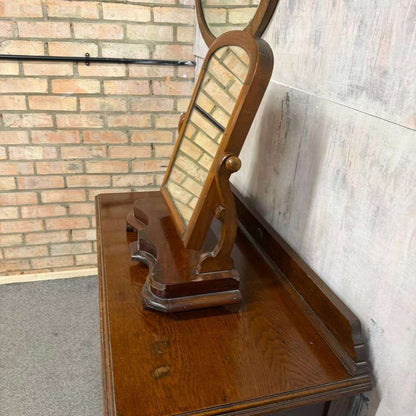 Vintage Dark Wood Swing Mirror Ornate Carving Scrolled Arms Knob Adjusters