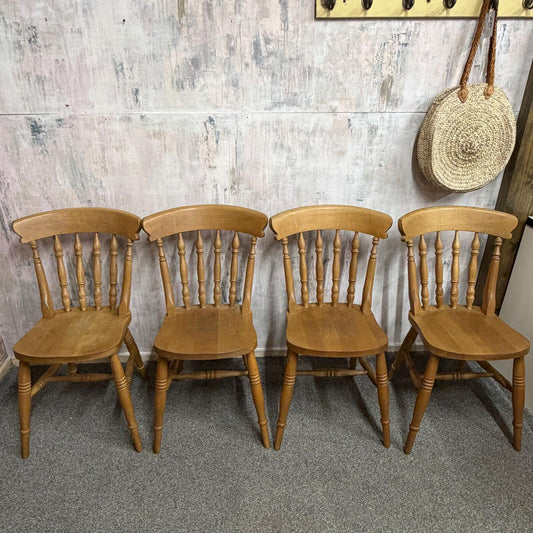 4 Beech Farmhouse Style Spindle Back Dining Chairs Turned Legs