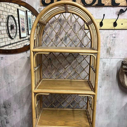 Vintage Bamboo Arched Shelving Unit Drawer Double Cupboard Lattice Back
