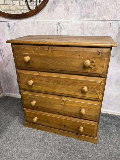 Vintage Pine Chest of 4 Deep Drawers Knob Handles Sturdy
