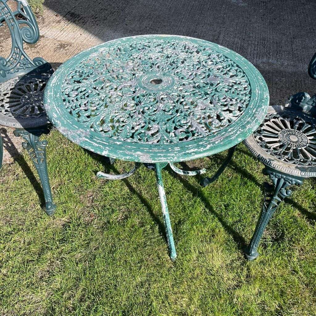 Painted Garden Table &amp; 2 Chairs Great Patina Peeling Paint Solid