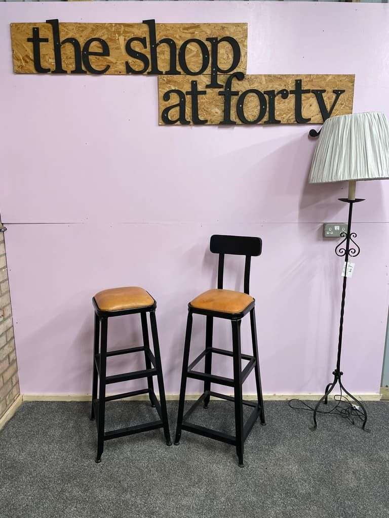 Pair Industrial Style Metal Leather Effect Upholstered Stools Bar Kitchen