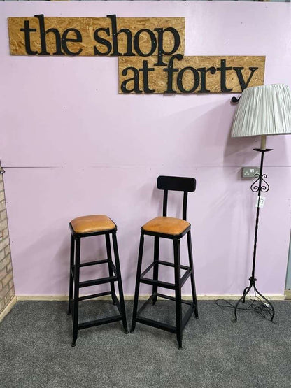 Pair Industrial Style Metal Leather Effect Upholstered Stools Bar Kitchen