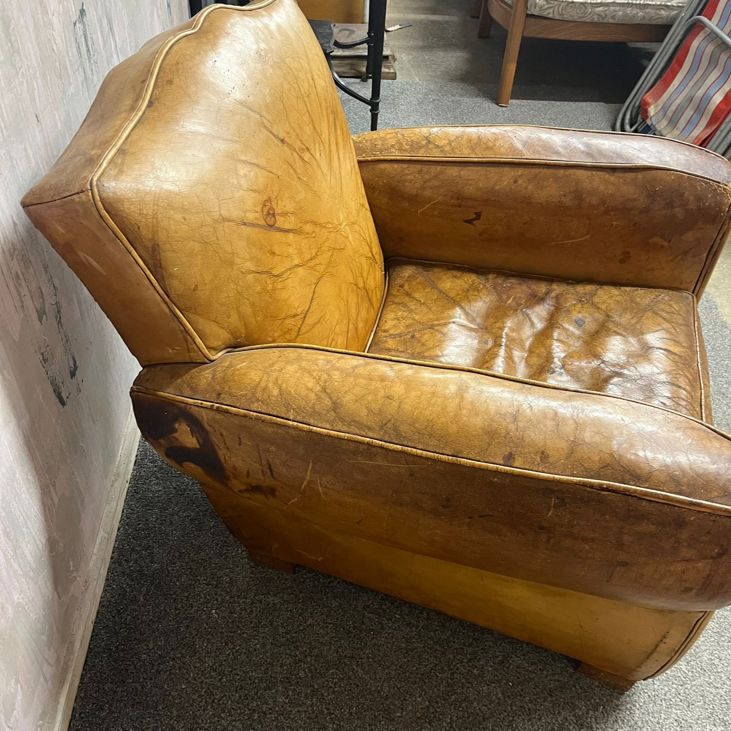 Vintage Rustic Tan Leather Low Armchair Great Patina Studded Back