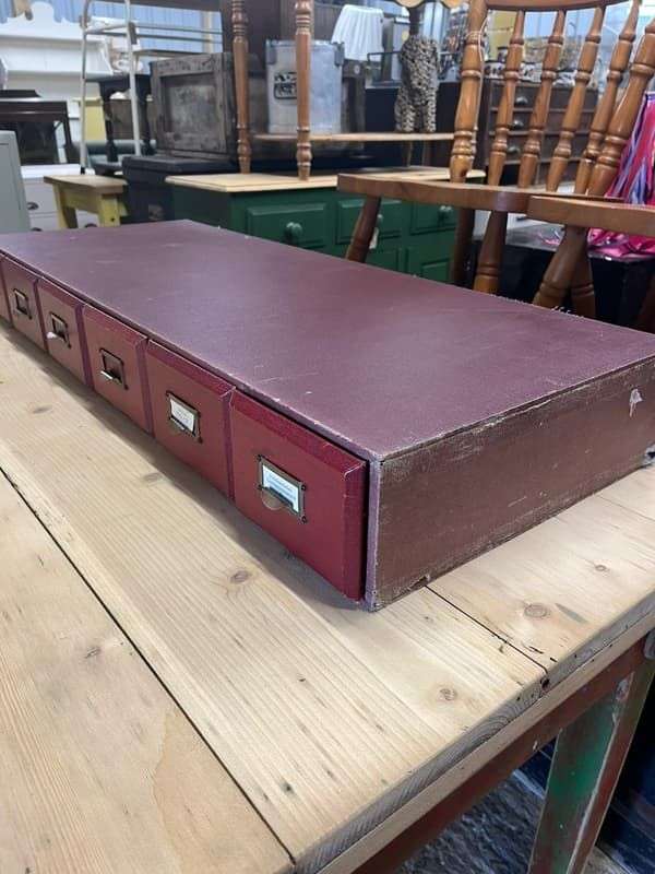 Vintage 6 Red Faux Leather Covered Filing Drawers Brass Handles Label Holders