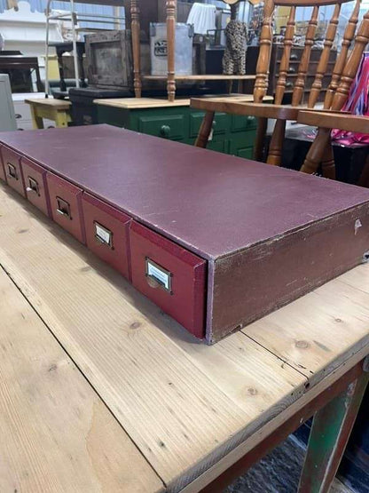 Vintage 6 Red Faux Leather Covered Filing Drawers Brass Handles Label Holders