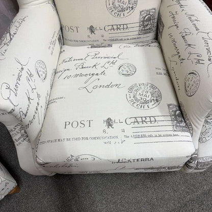 Pair Modern Upholstered Wingback Armchairs Scrolled Arms Postcard Fabric Design