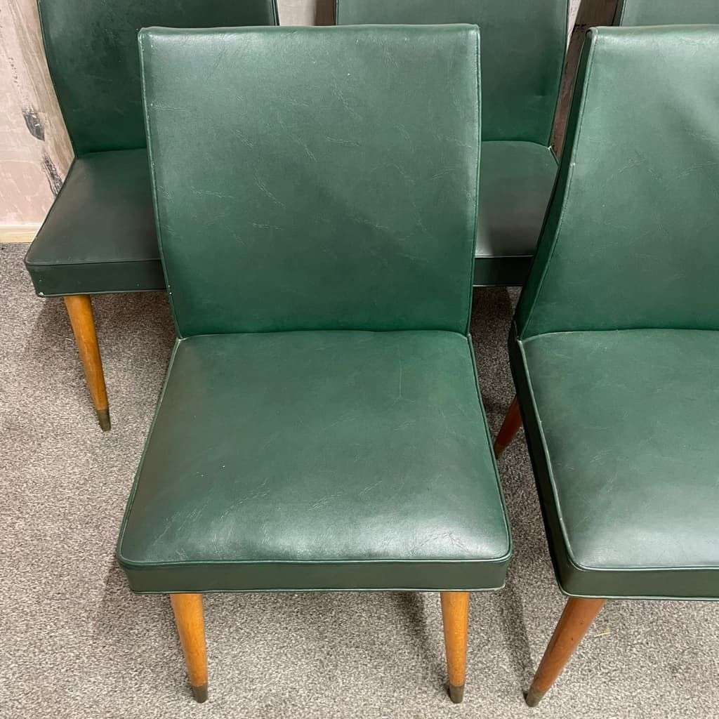 5x Vintage Retro Dining Chairs Faux Leather Tapered Teak Legs Brass Caps