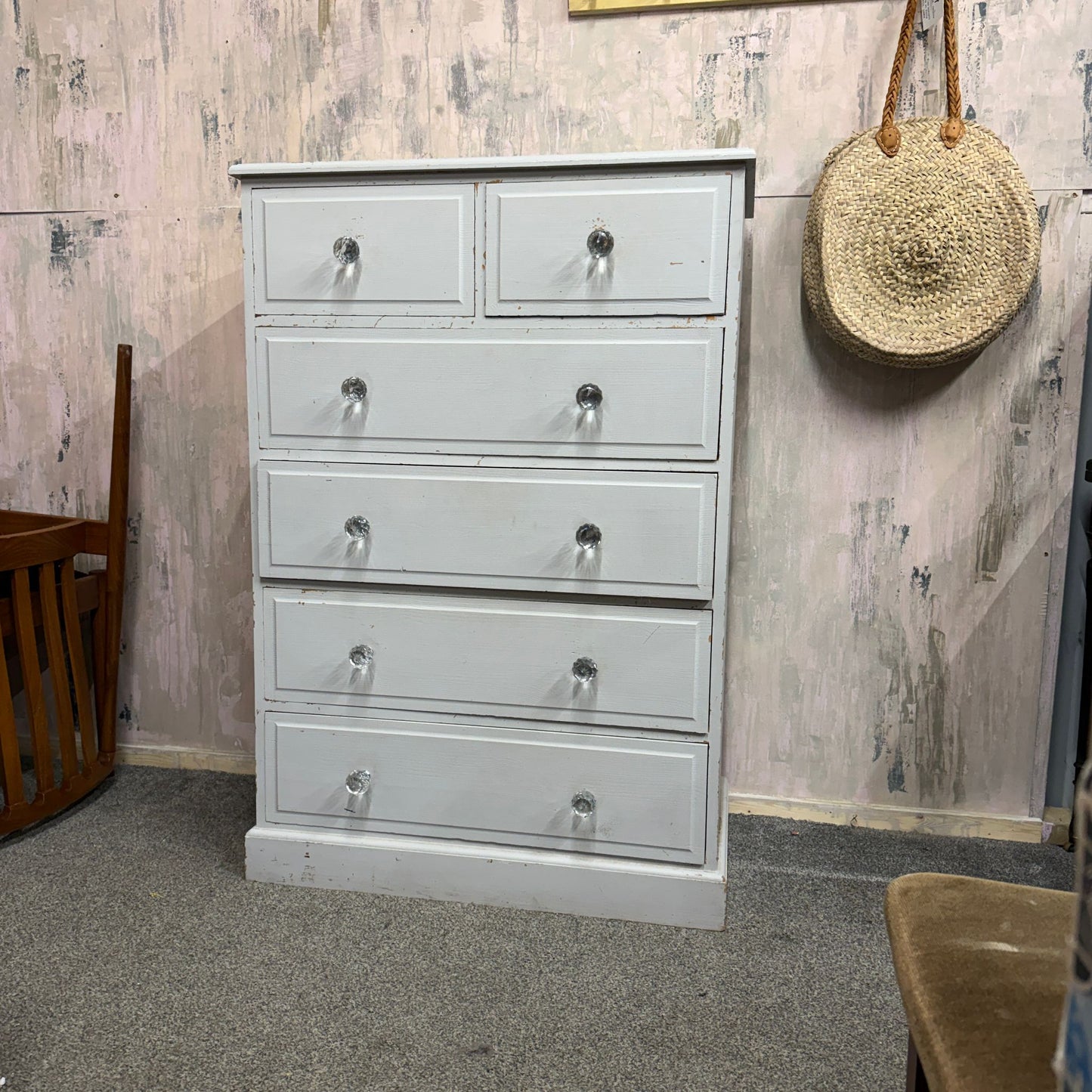 Painted Solid Pine Chest of 2 Over 4 Drawers Distressed Paintwork Crystal Knobs