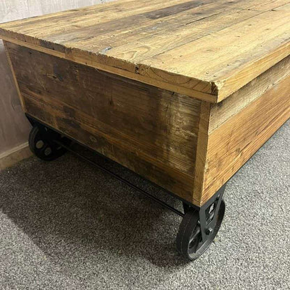 Wooden Plank Topped Trolley Coffee Table Black Metal Wheels Vintage Look