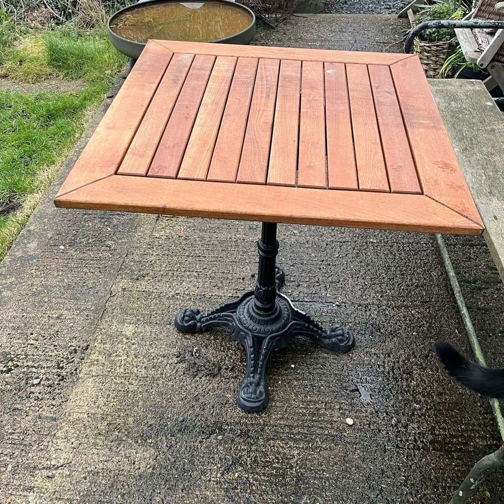 Teak Slatted Top Garden Table Black Wrought Iron Ornate Iron Base