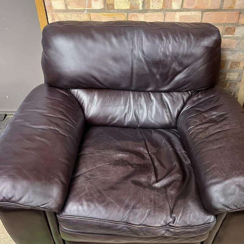 Pair Matching Large Leather Armchairs Dark Chocolate Colour Wide Arms Preloved