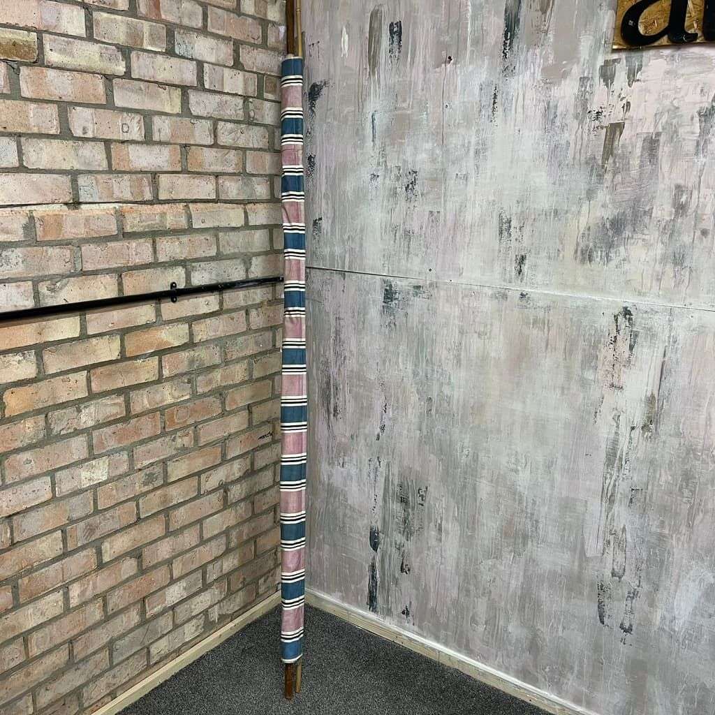 Vintage Retro Homemade Sun Screen Wood &amp; Bamboo Pole Faded Striped Fabric