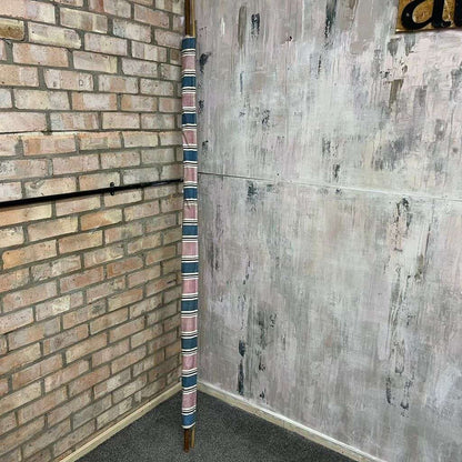 Vintage Retro Homemade Sun Screen Wood &amp; Bamboo Pole Faded Striped Fabric