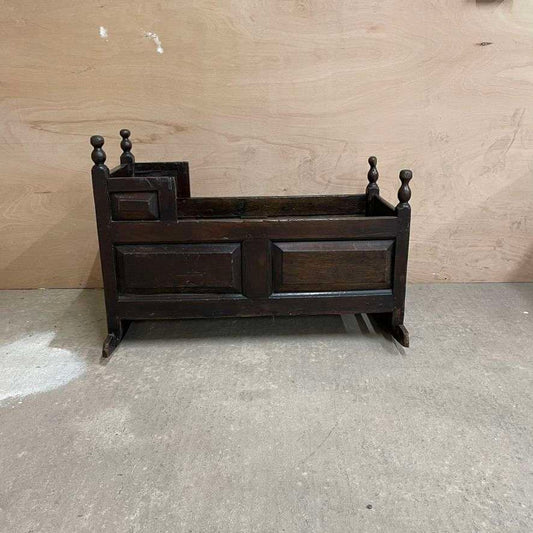 Antique Victorian Dark Oak Rocking Crib Gothic Style Finials