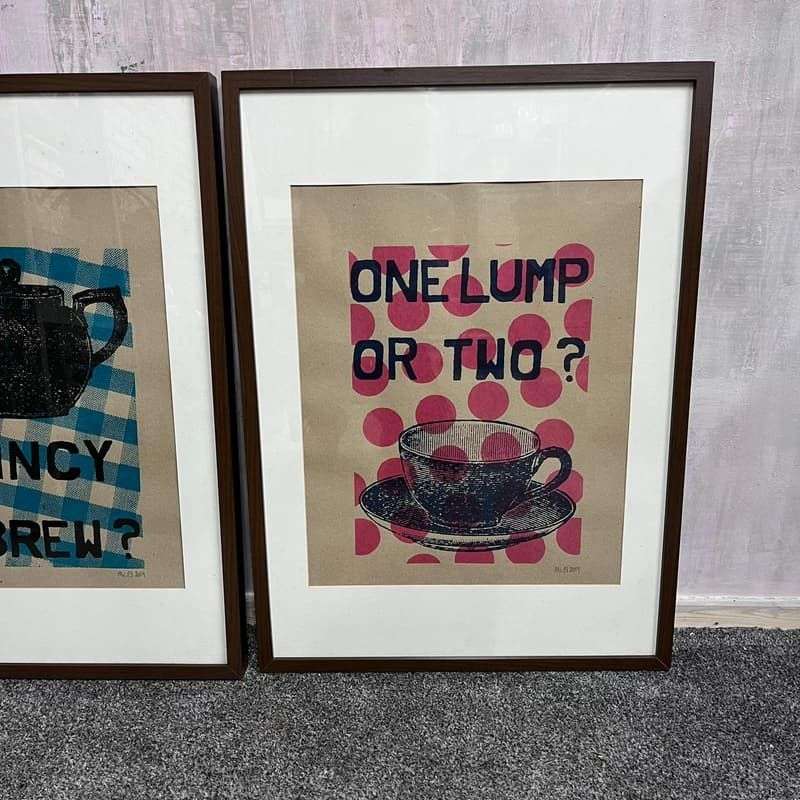 Pair Dark Framed Prints Mr PS 2009 Coffee Shop Tea Room Teapot Cup &amp; Saucer