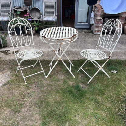 Vintage Style White Cream Metal Garden Patio Set 2 Chairs Round Table Folding
