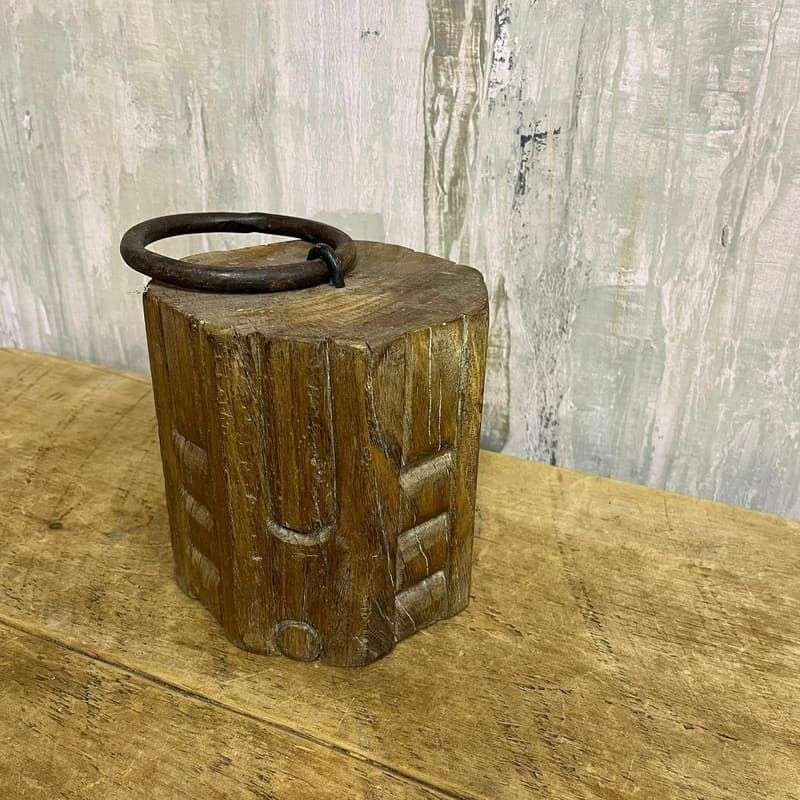Carved Octagonal Wooden Door Stop Rusted Bull Ring Handle