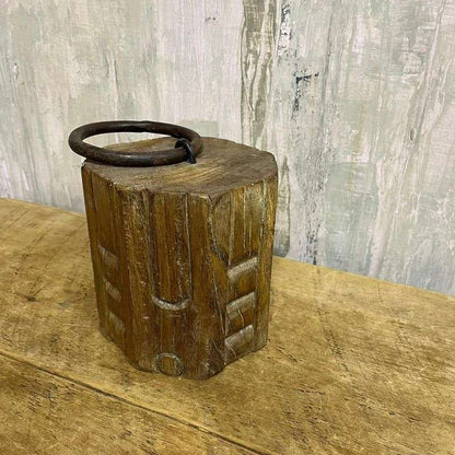 Carved Octagonal Wooden Door Stop Rusted Bull Ring Handle