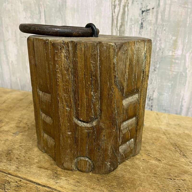 Carved Octagonal Wooden Door Stop Rusted Bull Ring Handle