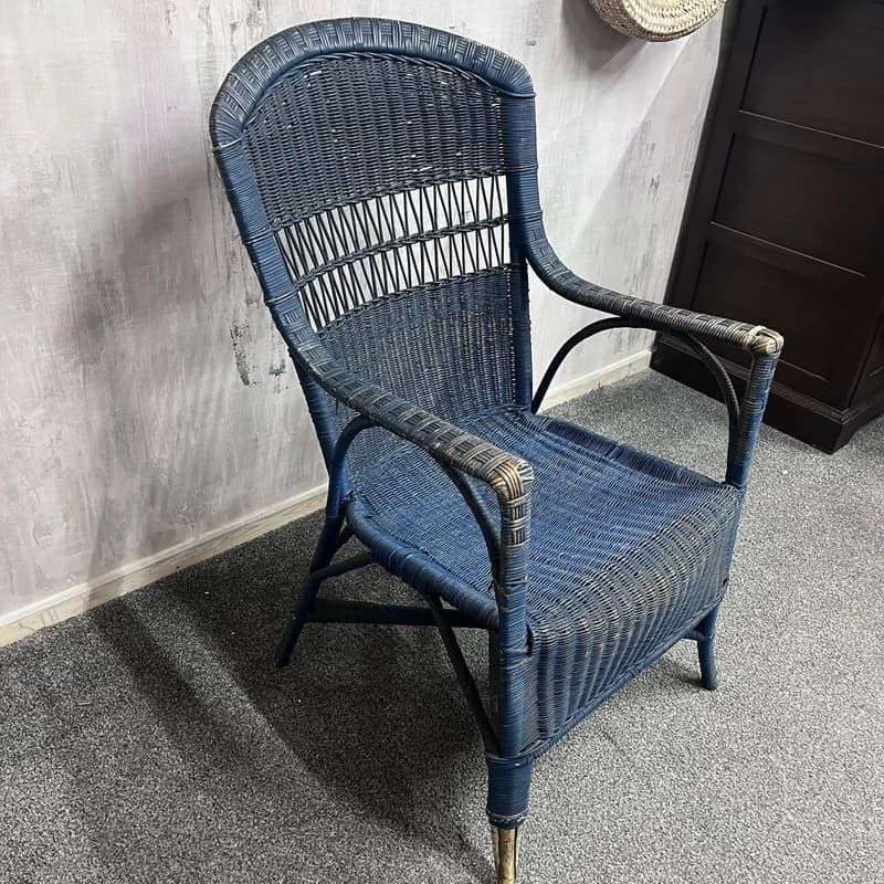 Vintage Lloyd Loom Cane Conservatory Chair Painted Dark Blue High Back Patina