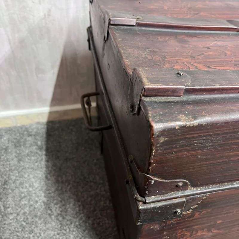 Vintage Metal Large Tin Trunk Side Handles Wood Grain Effect