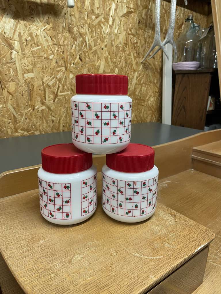 3x Vintage Arcopal Retro Geometric Milk Glass Storage Jars Red Lids