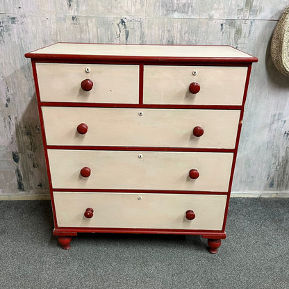 Large Victorian Chest 2 Over 3 Drawers Painted Salmon & Red Ornate Ball Feet