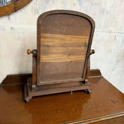 Vintage Dark Wood Swing Mirror Ornate Carving Scrolled Arms Knob Adjusters