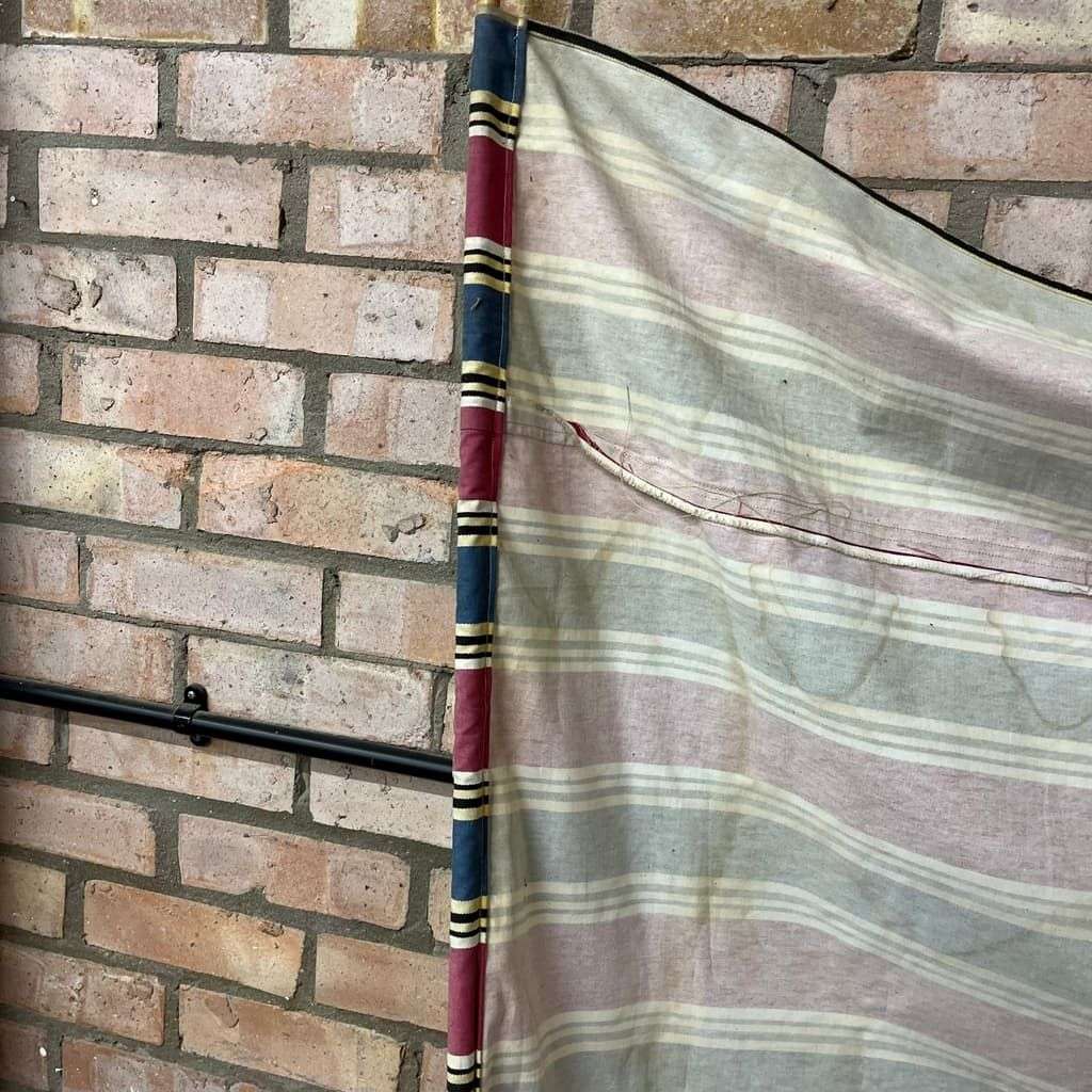Vintage Retro Homemade Sun Screen Wood &amp; Bamboo Pole Faded Striped Fabric