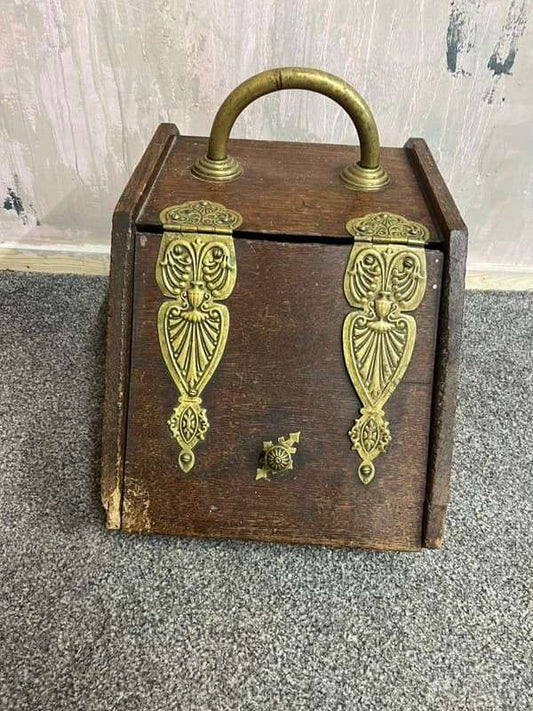 Vintage Wood &amp; Brass Coal Scuttle Handle Lift Up Lid Ornate