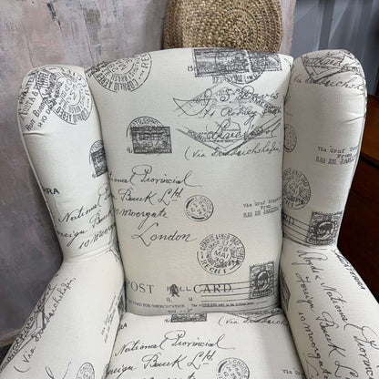 Pair Modern Upholstered Wingback Armchairs Scrolled Arms Postcard Fabric Design