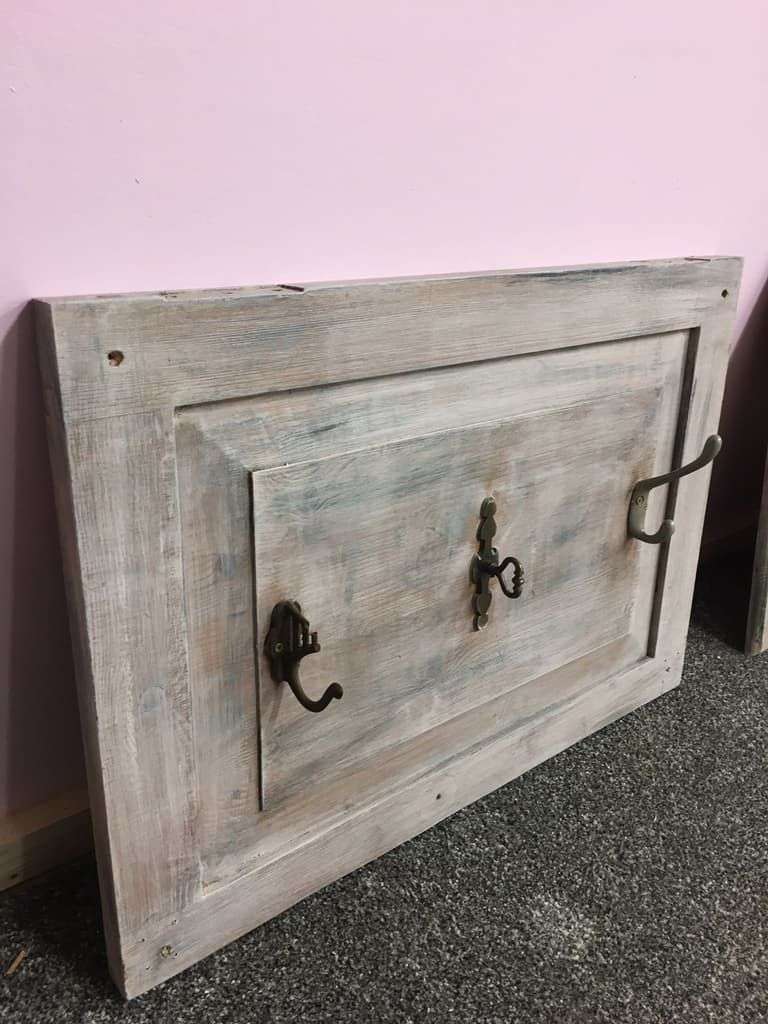 3 Vintage Coat Hooks on Solid Pine Cupboard Door Dry Paint Effect Coat Rack