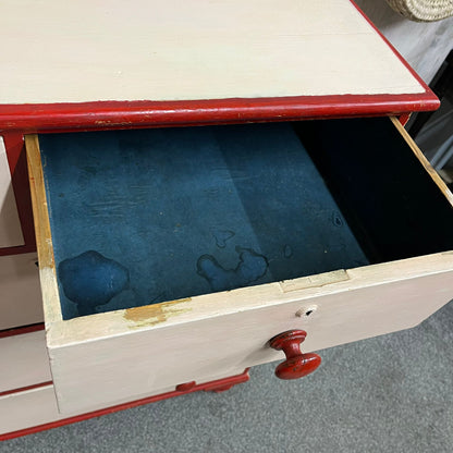 Large Victorian Chest 2 Over 3 Drawers Painted Salmon & Red Ornate Ball Feet